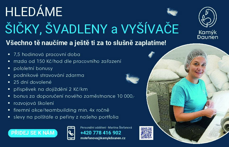 Kamýk Daunen práce leták šičky (123 x 192 mm)